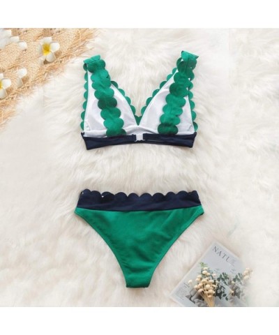 Women Pure Color Laciness Swimuit Sling Tops High Waist Female Retro Simple Beachewear Bikini Sets - Green - CB194TITOIY $21....