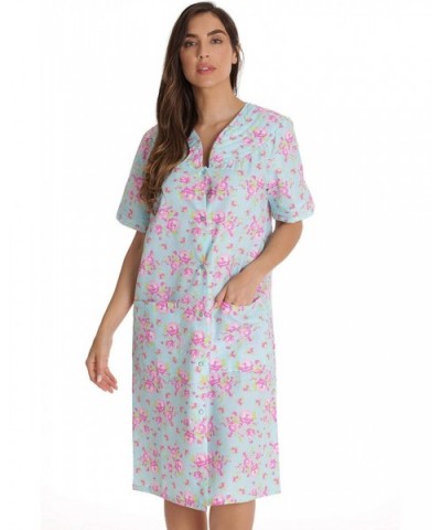 Short Sleeve Seersucker Duster Snap-Front House Coat with Pockets - Aqua - Roses - CX18XEMZSWQ $30.78 Nightgowns & Sleepshirts