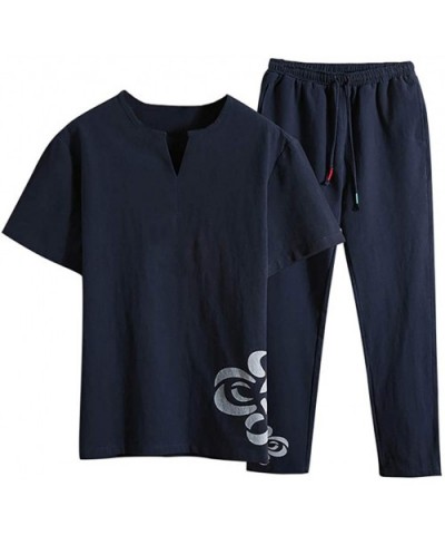 Men's Cotton Linen Sets Fashion Casual Comfortable Short Sleeve Shorts Suit - C Navy - CX195H3A5YK $65.46 Shapewear