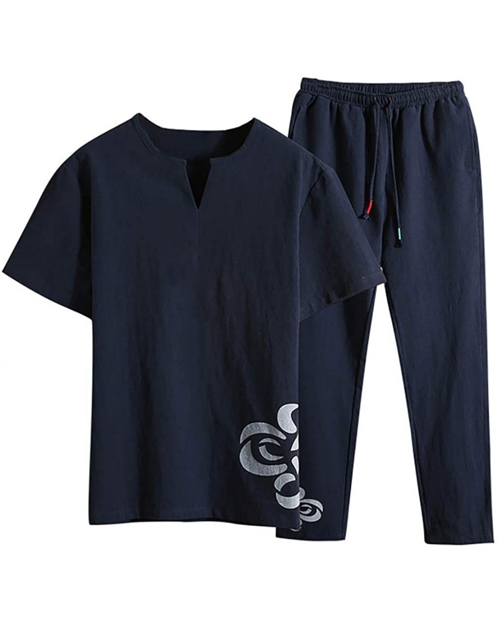 Men's Cotton Linen Sets Fashion Casual Comfortable Short Sleeve Shorts Suit - C Navy - CX195H3A5YK $65.46 Shapewear