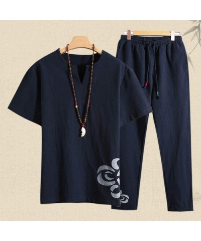 Men's Cotton Linen Sets Fashion Casual Comfortable Short Sleeve Shorts Suit - C Navy - CX195H3A5YK $65.46 Shapewear