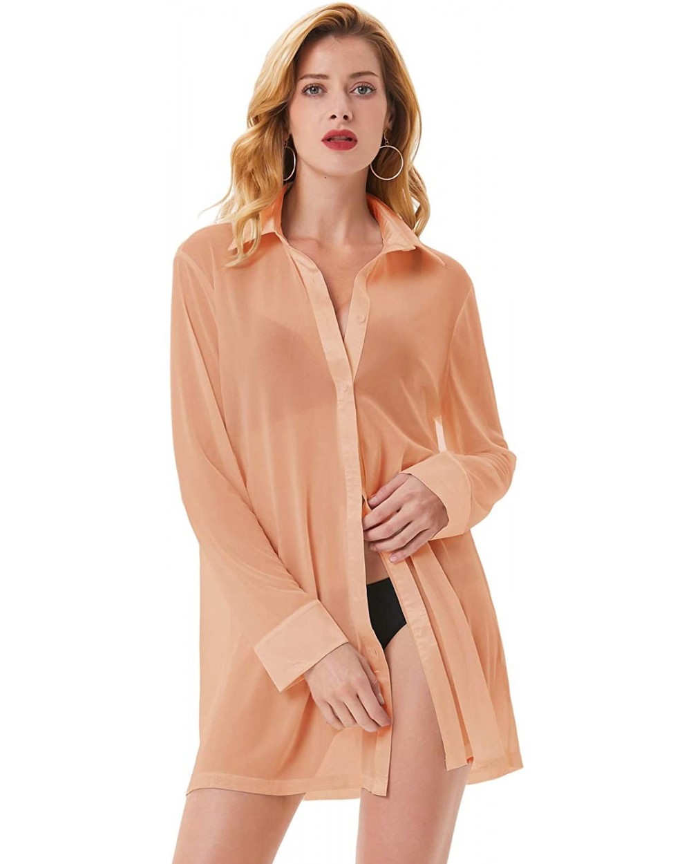 Women's Sexy Sleep Shirts Mesh Long Sleeve Swimwear Cover Up Sheer Blouse Lingerie - Pink Orange - C519EMYALCD $35.30 Nightgo...