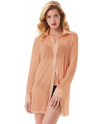 Women's Sexy Sleep Shirts Mesh Long Sleeve Swimwear Cover Up Sheer Blouse Lingerie - Pink Orange - C519EMYALCD $35.30 Nightgo...