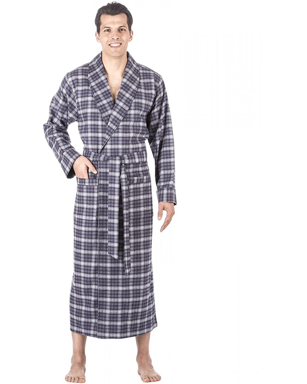 Mens Robe - 100% Cotton Flannel Robe- Full-Length Mens Bathrobe - Blue/White - C4121X25I93 $70.85 Robes