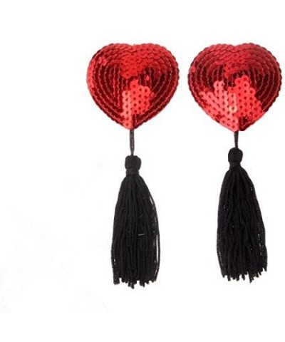 Reusable Heart Style Sequin Sexy Women Tassels Nipple Concealers Sticker Pasties Covers Pads Set (Pair) - Red + Black - CG12O...