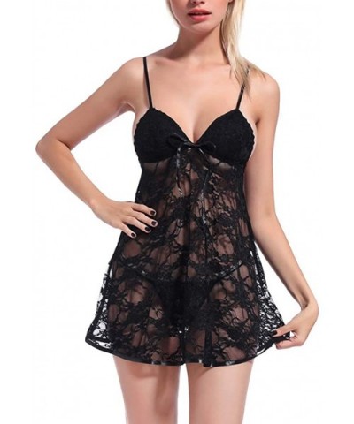 Women Sexy Lingeres Cami Nightdress V Neck Nightwear Satin Sleepwear Lace Chemise Mini Teddy for Sex Pajamas - B-black 1 - C3...