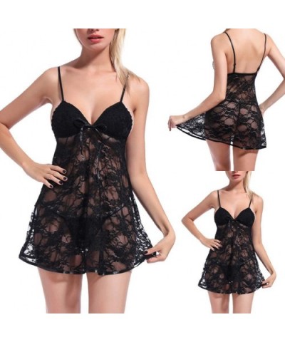 Women Sexy Lingeres Cami Nightdress V Neck Nightwear Satin Sleepwear Lace Chemise Mini Teddy for Sex Pajamas - B-black 1 - C3...