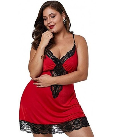 Women Lace Lingerie Deep V-Neck Sleepwear Underwear Dress+G-String Nightdress - Red - CO18W7LDL9I $17.49 Baby Dolls & Chemises