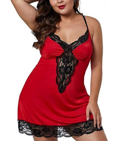 Women Lace Lingerie Deep V-Neck Sleepwear Underwear Dress+G-String Nightdress - Red - CO18W7LDL9I $17.49 Baby Dolls & Chemises