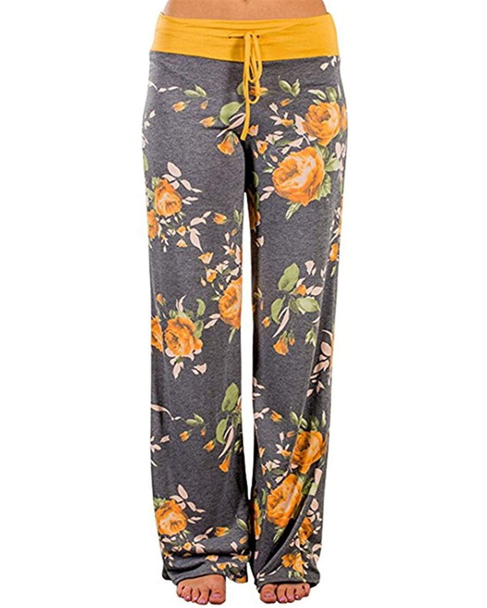 Women's Comfy Postpartum Pants Stretch Floral Print High Waist Drawstring Palazzo Wide Leg Pants Yellow 1-X-Large - C118U0UZ2...