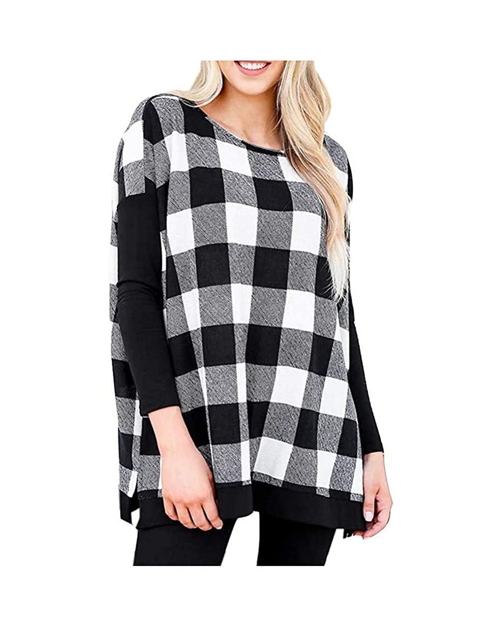 Women Fashion Plaid Print Shirt Cold Shoulder Long Sleeve Blouse Splice Top - D-black - C5193ANIQQ2 $28.79 Thermal Underwear