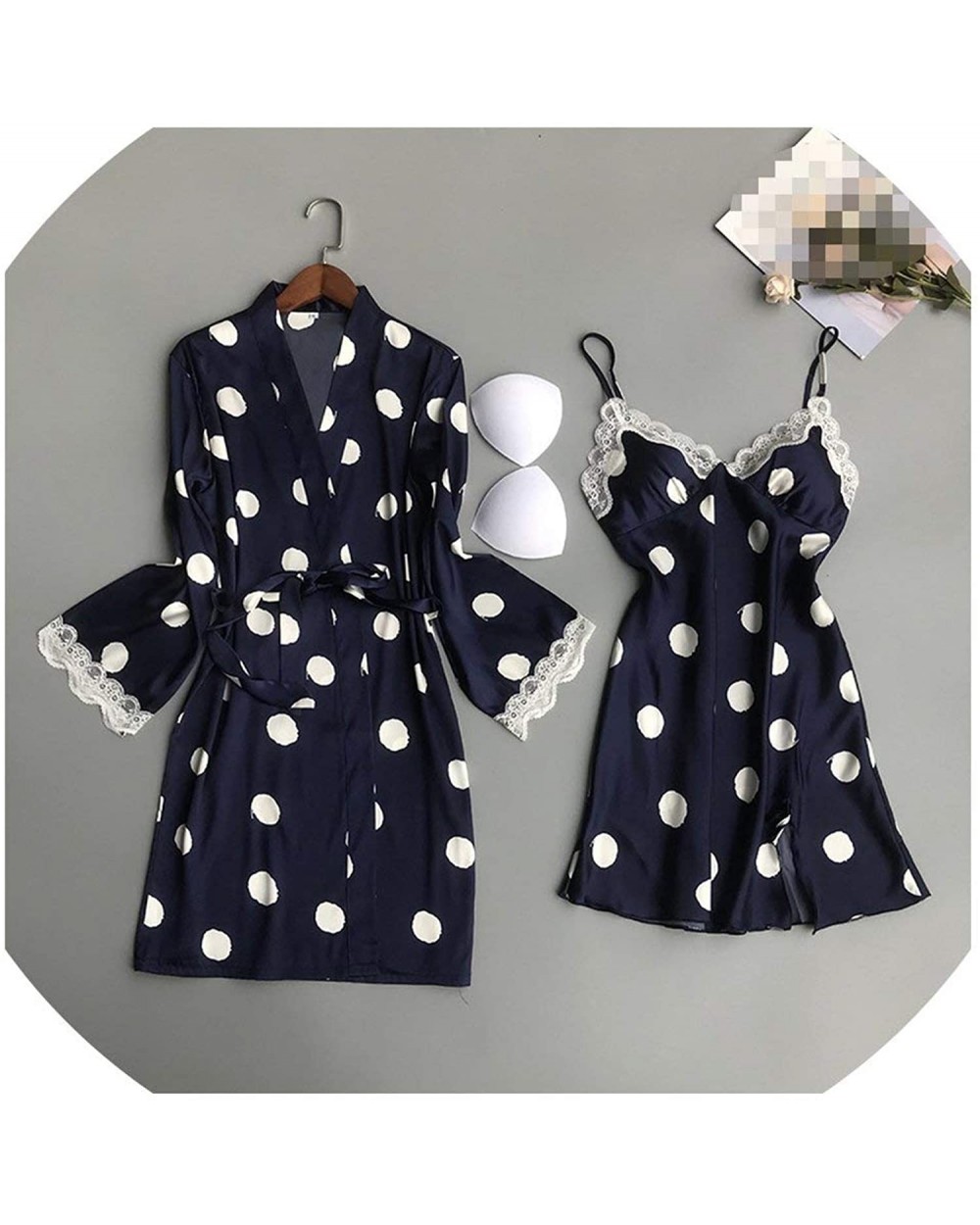 Ladies Robe Lace Sleeping Dress Polka Bot with Breast Pad Two Piece Set Nightgown Skirt+Coat - Blue - C518Z4CI46I $66.90 Sets