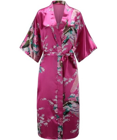 Women Peacock Satin Long Bridal Kimono Robe Bridesmaid Sleepwear Wedding Dressing Gown - Rose Red - CV18D2Q6ZM0 $17.17 Robes