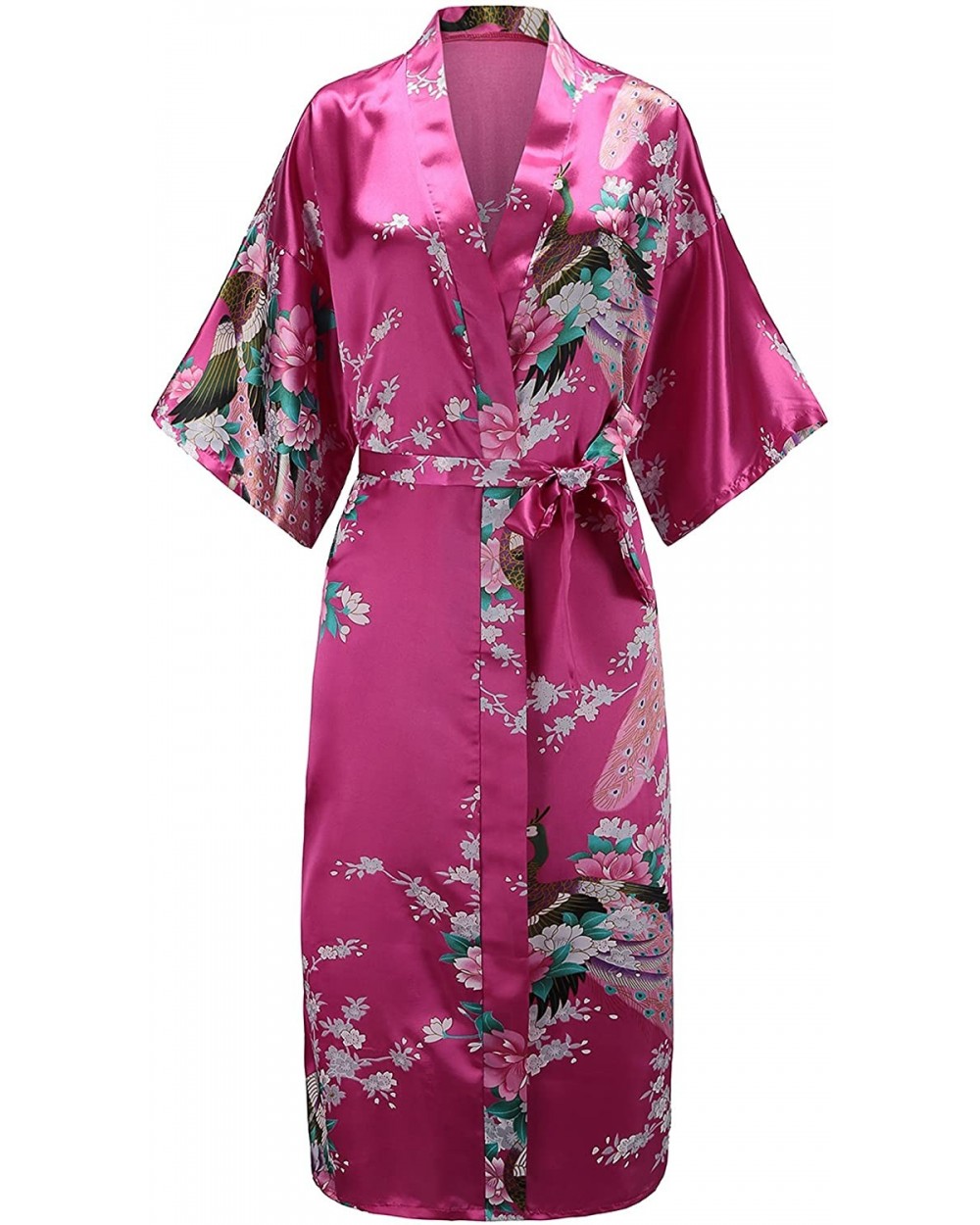 Women Peacock Satin Long Bridal Kimono Robe Bridesmaid Sleepwear Wedding Dressing Gown - Rose Red - CV18D2Q6ZM0 $17.17 Robes