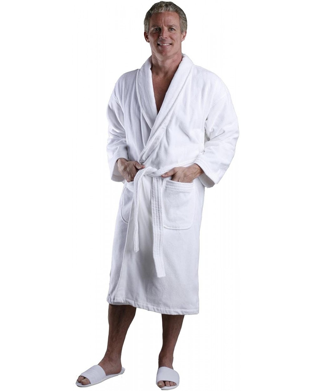 Men's Navy Blue Medium Weight 2.5LB White Terry Velour Bathrobe 100% Cotton - CW11NR1SB75 $75.98 Robes