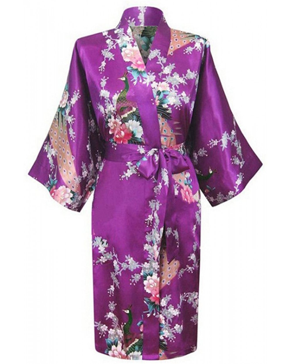 Women's Kimono Long Robe - Peacock & Blossoms - Plum - CJ12NRYREBF $21.61 Robes