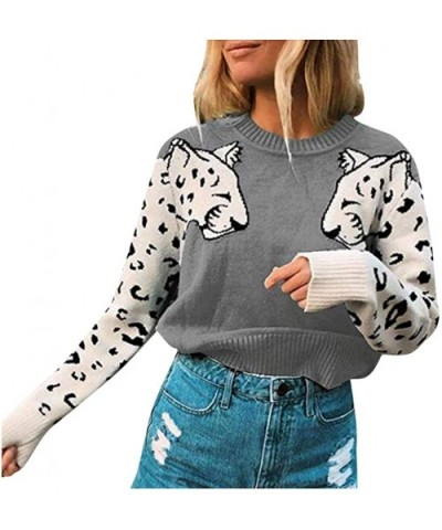 Women Animal Print Patchwork Cute Sweater O-Neck Long Sleeve Loose Pullover Top - Gray - C1192YKCCWT $50.01 Thermal Underwear