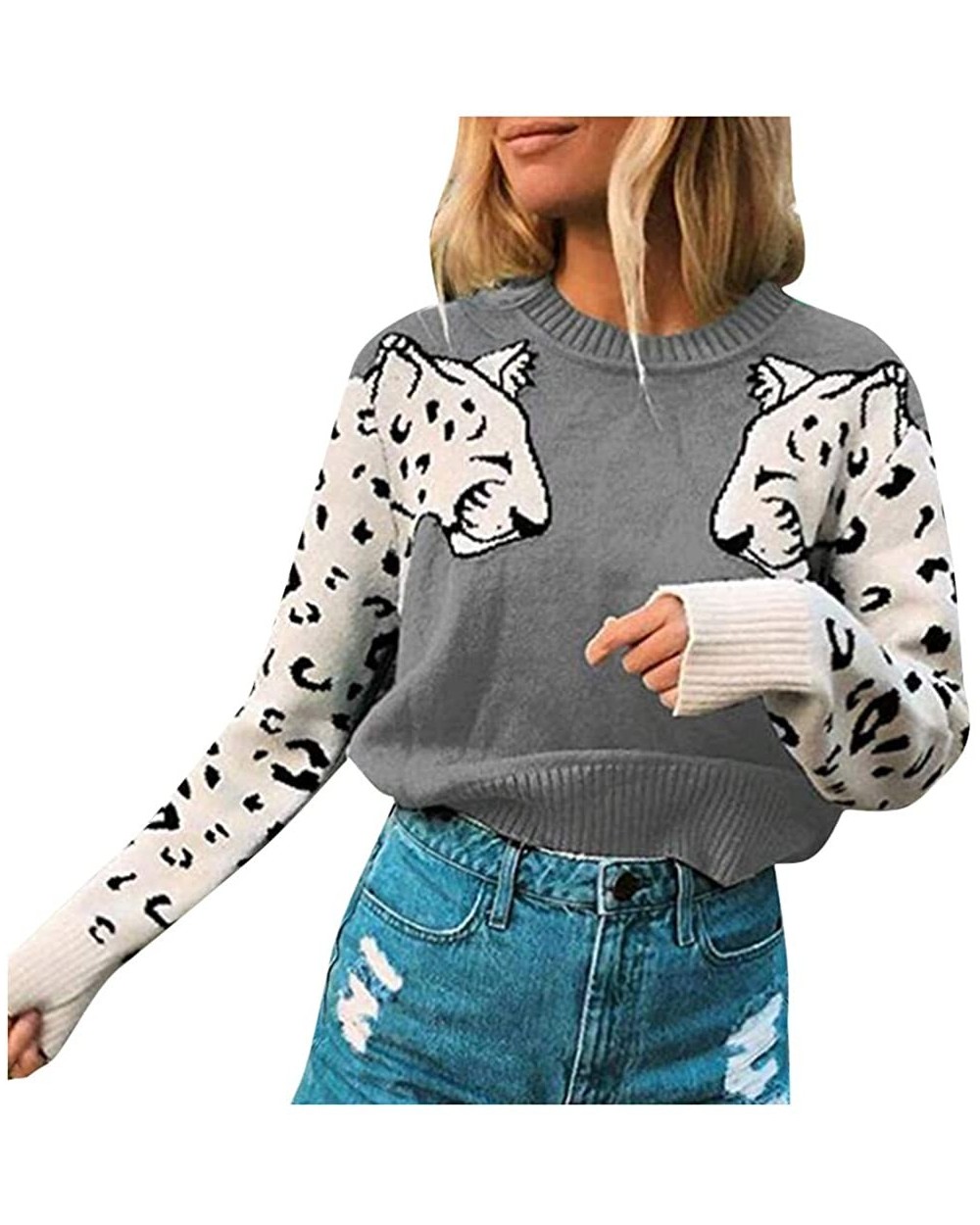 Women Animal Print Patchwork Cute Sweater O-Neck Long Sleeve Loose Pullover Top - Gray - C1192YKCCWT $50.01 Thermal Underwear