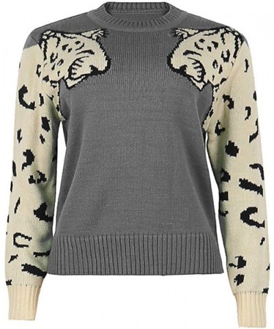 Women Animal Print Patchwork Cute Sweater O-Neck Long Sleeve Loose Pullover Top - Gray - C1192YKCCWT $50.01 Thermal Underwear