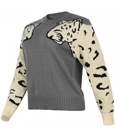 Women Animal Print Patchwork Cute Sweater O-Neck Long Sleeve Loose Pullover Top - Gray - C1192YKCCWT $50.01 Thermal Underwear