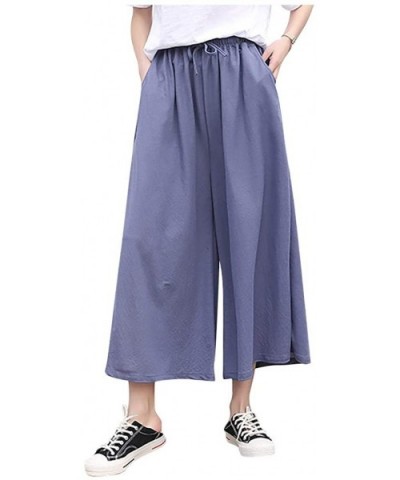 Wide Leg Pants Women Ankle Length Pants with Pocket Drawstring Elastic Waist Comfy Loose Pants Lounge Pajama Pants Blue - CB1...