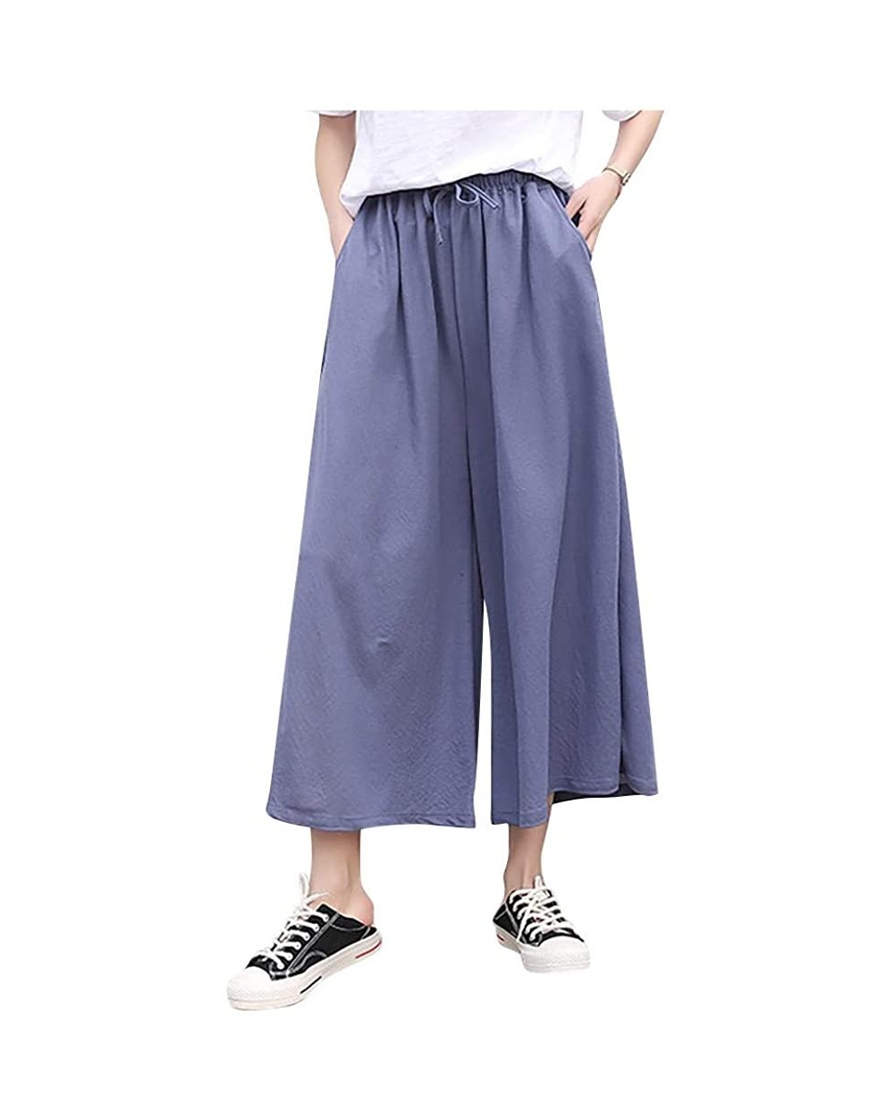 Wide Leg Pants Women Ankle Length Pants with Pocket Drawstring Elastic Waist Comfy Loose Pants Lounge Pajama Pants Blue - CB1...