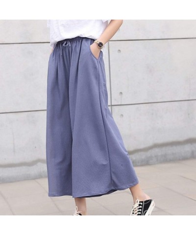 Wide Leg Pants Women Ankle Length Pants with Pocket Drawstring Elastic Waist Comfy Loose Pants Lounge Pajama Pants Blue - CB1...