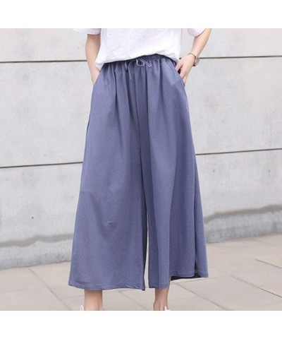 Wide Leg Pants Women Ankle Length Pants with Pocket Drawstring Elastic Waist Comfy Loose Pants Lounge Pajama Pants Blue - CB1...