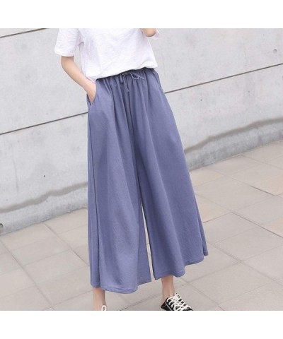 Wide Leg Pants Women Ankle Length Pants with Pocket Drawstring Elastic Waist Comfy Loose Pants Lounge Pajama Pants Blue - CB1...