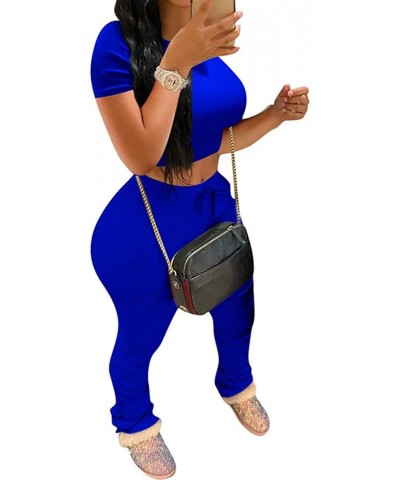 Women Casual 2 Piece Sport Outfits Jogging Suit Short Sleeve Crop Top Drawstring Ruching Long Pants Tracksuit Set - Royal Blu...