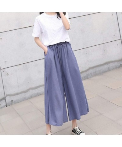 Wide Leg Pants Women Ankle Length Pants with Pocket Drawstring Elastic Waist Comfy Loose Pants Lounge Pajama Pants Blue - CB1...