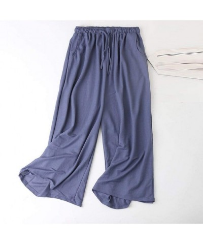 Wide Leg Pants Women Ankle Length Pants with Pocket Drawstring Elastic Waist Comfy Loose Pants Lounge Pajama Pants Blue - CB1...