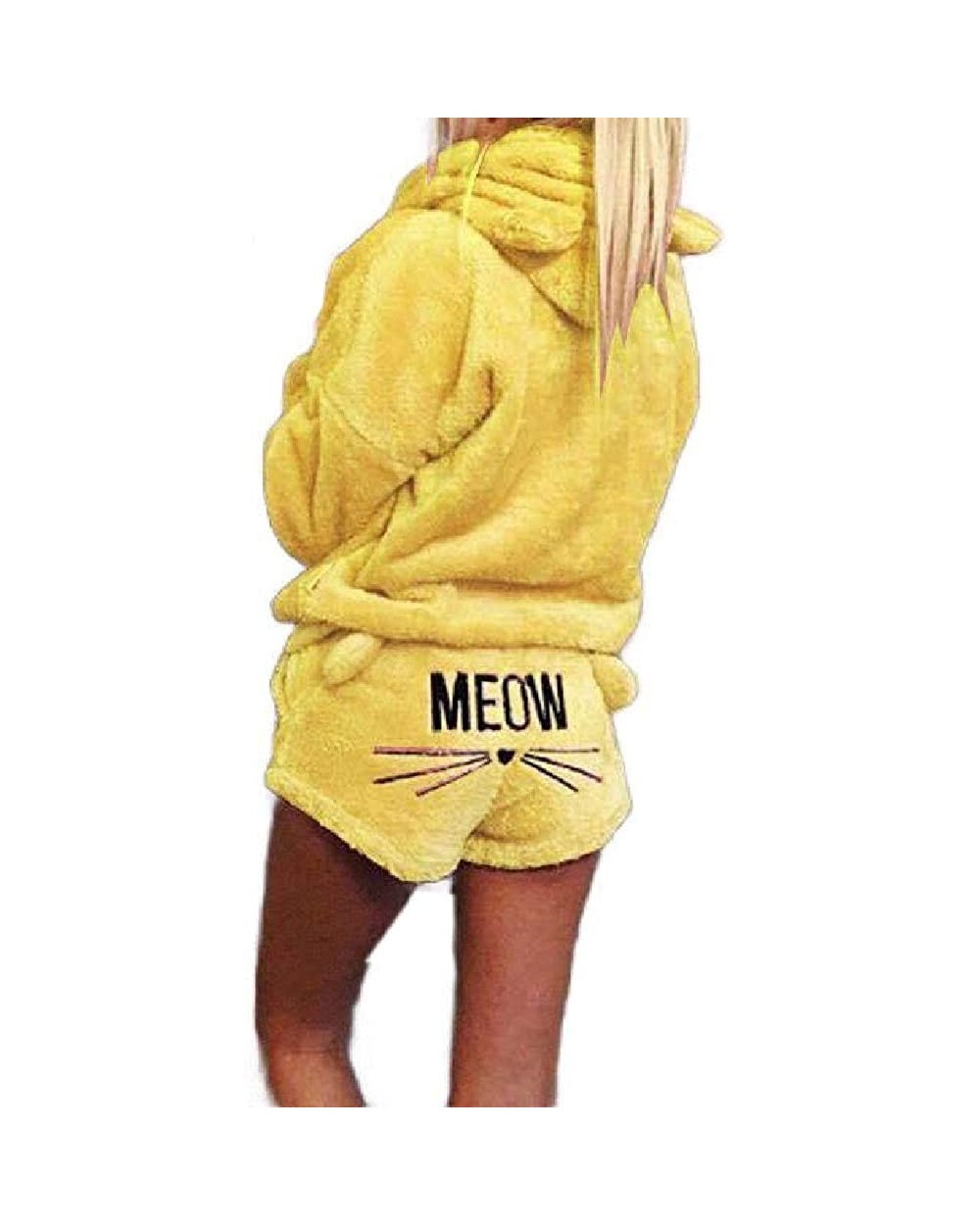 Hoodie Fluffy Pajamas Embroidered Sleepwear Meow Shorts Set - Yellow - CS18YWEIR9L $44.46 Sets