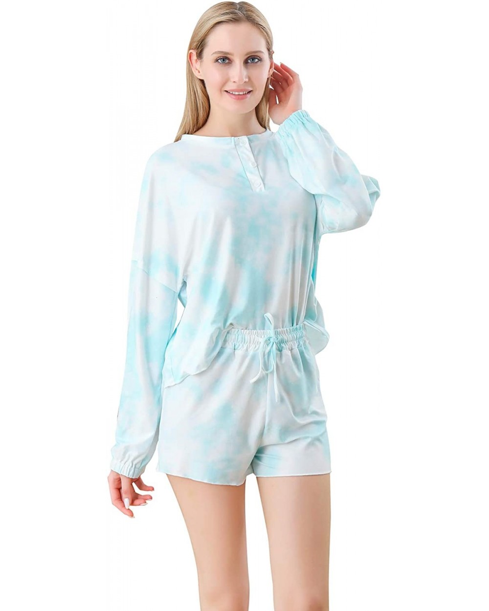 Women Tie Dye Printed Long Sleeve Pajamas Sets Shirt Ruffle Shorts Loungewear Two Piece Short Sleepwear - Turquoise Tie Dye -...