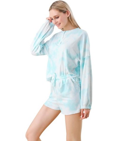 Women Tie Dye Printed Long Sleeve Pajamas Sets Shirt Ruffle Shorts Loungewear Two Piece Short Sleepwear - Turquoise Tie Dye -...