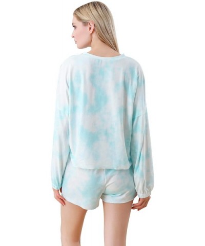 Women Tie Dye Printed Long Sleeve Pajamas Sets Shirt Ruffle Shorts Loungewear Two Piece Short Sleepwear - Turquoise Tie Dye -...