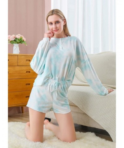 Women Tie Dye Printed Long Sleeve Pajamas Sets Shirt Ruffle Shorts Loungewear Two Piece Short Sleepwear - Turquoise Tie Dye -...