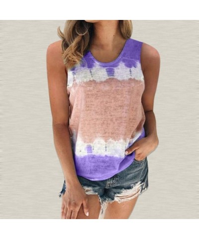 Womens Color Block Tie-Dye Sleeveless Crew Neck Casual Tanks Tops Cami Tunic Shirts Blouse S-5XL - Purple - CF199GQL6X9 $21.2...