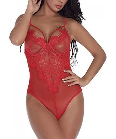 Lingerie for Women V Neck Teddy One Piece Lace Babydoll Bodysuit - 5765-red - C1190N583C0 $32.15 Baby Dolls & Chemises