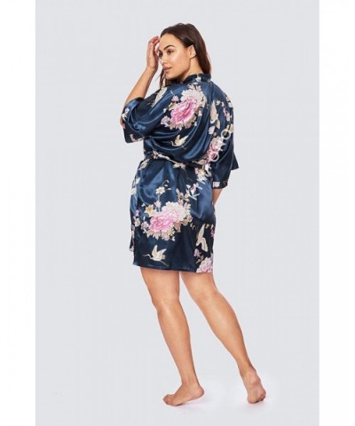 Plus Size Women's Satin Kimono Robe Short - Floral - Chrysanthemum & Crane - Navy - CG19CUNNYMK $71.20 Robes