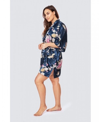 Plus Size Women's Satin Kimono Robe Short - Floral - Chrysanthemum & Crane - Navy - CG19CUNNYMK $71.20 Robes