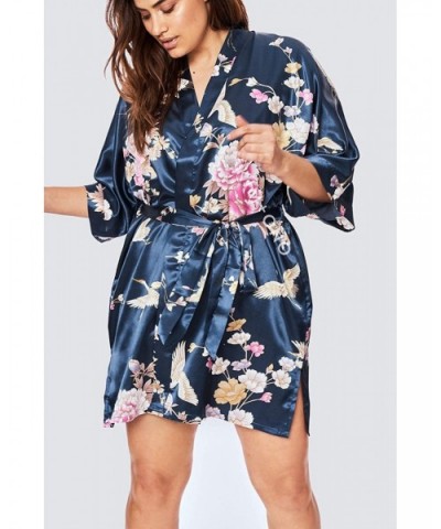 Plus Size Women's Satin Kimono Robe Short - Floral - Chrysanthemum & Crane - Navy - CG19CUNNYMK $71.20 Robes