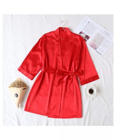 Sexy Kimono Bathrobe Robes Solid Sleepwear Lounge Home Dressing Gown Faux Silk Nightdress Negligee - Red a - CX194X0Y0RK $57....