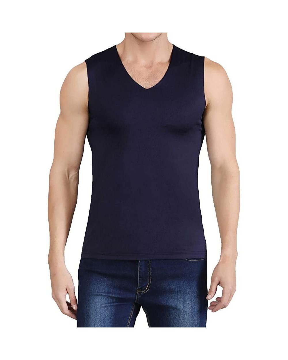 Men's Ice Silk Seamless Quick Dry Tank Top Summer V Neck Solid Color Breathable Vest - Navy - CN19DNSUESA $17.05 Undershirts