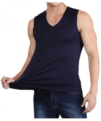 Men's Ice Silk Seamless Quick Dry Tank Top Summer V Neck Solid Color Breathable Vest - Navy - CN19DNSUESA $17.05 Undershirts