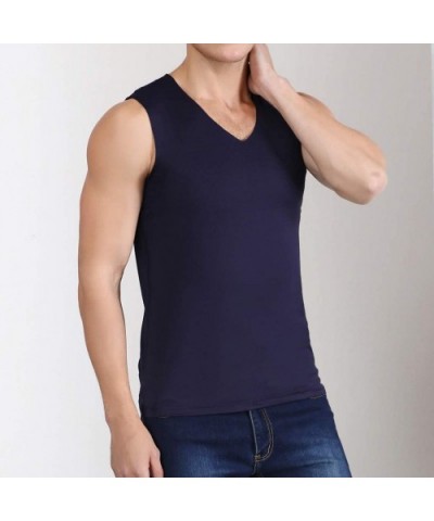 Men's Ice Silk Seamless Quick Dry Tank Top Summer V Neck Solid Color Breathable Vest - Navy - CN19DNSUESA $17.05 Undershirts