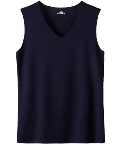 Men's Ice Silk Seamless Quick Dry Tank Top Summer V Neck Solid Color Breathable Vest - Navy - CN19DNSUESA $17.05 Undershirts