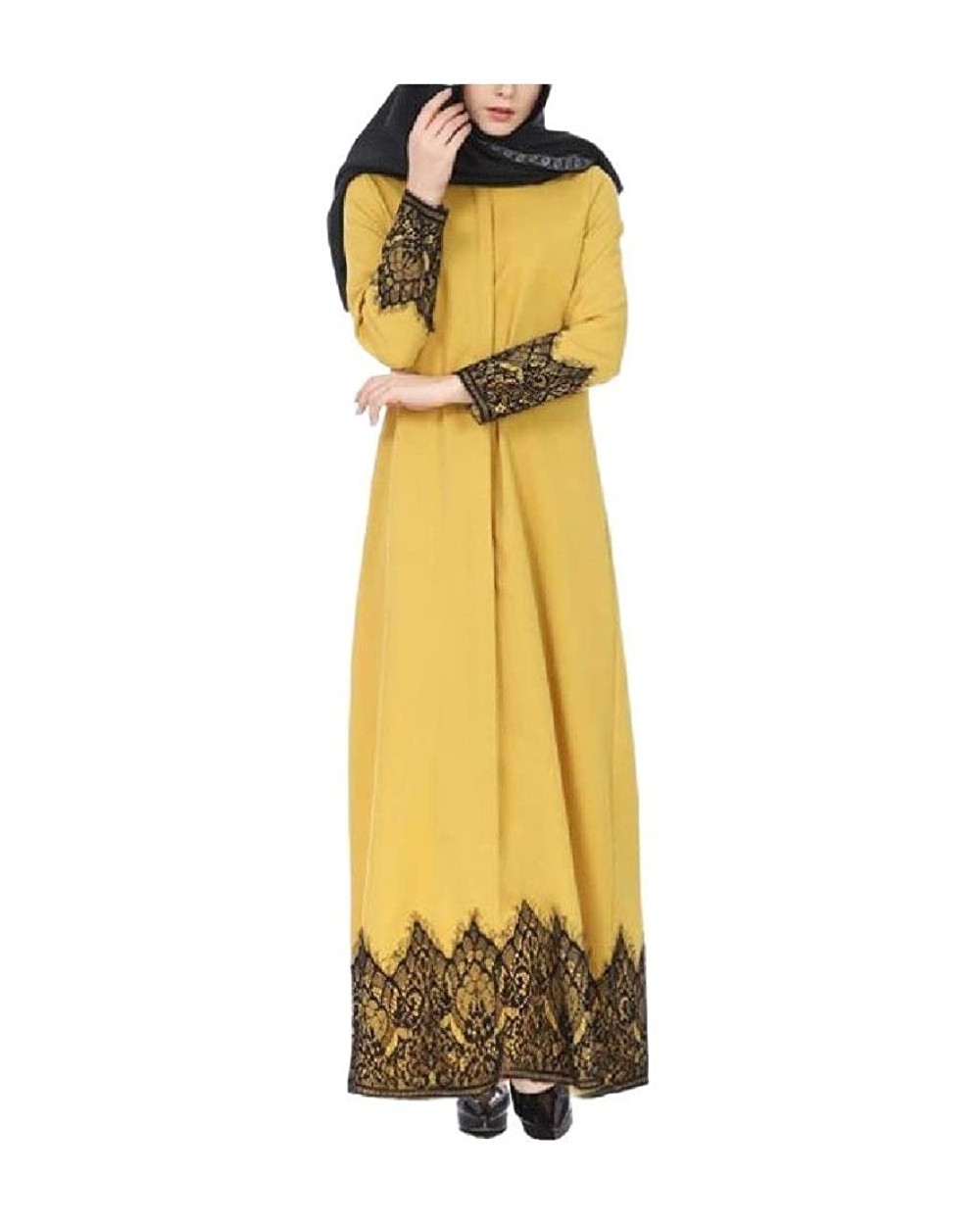 Womens Gown Islamic Solid Middle East Ethnic Style Lace Trim Kaftan - As1 - CH19DCXU3Q6 $52.49 Nightgowns & Sleepshirts