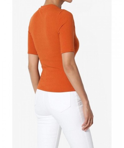 Basic Essential V-Neck Short Sleeve Stretch Ribbed Fitted Top T-Shirt - 31 Rust - CO18W3QQ0SR $21.31 Shapewear