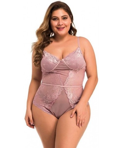 New One Piece Women Plus Size Mesh Lace V-Neck Teddy Lingerie Jumpsuit Underwear - Pink - C718ZQTKNK5 $25.46 Baby Dolls & Che...